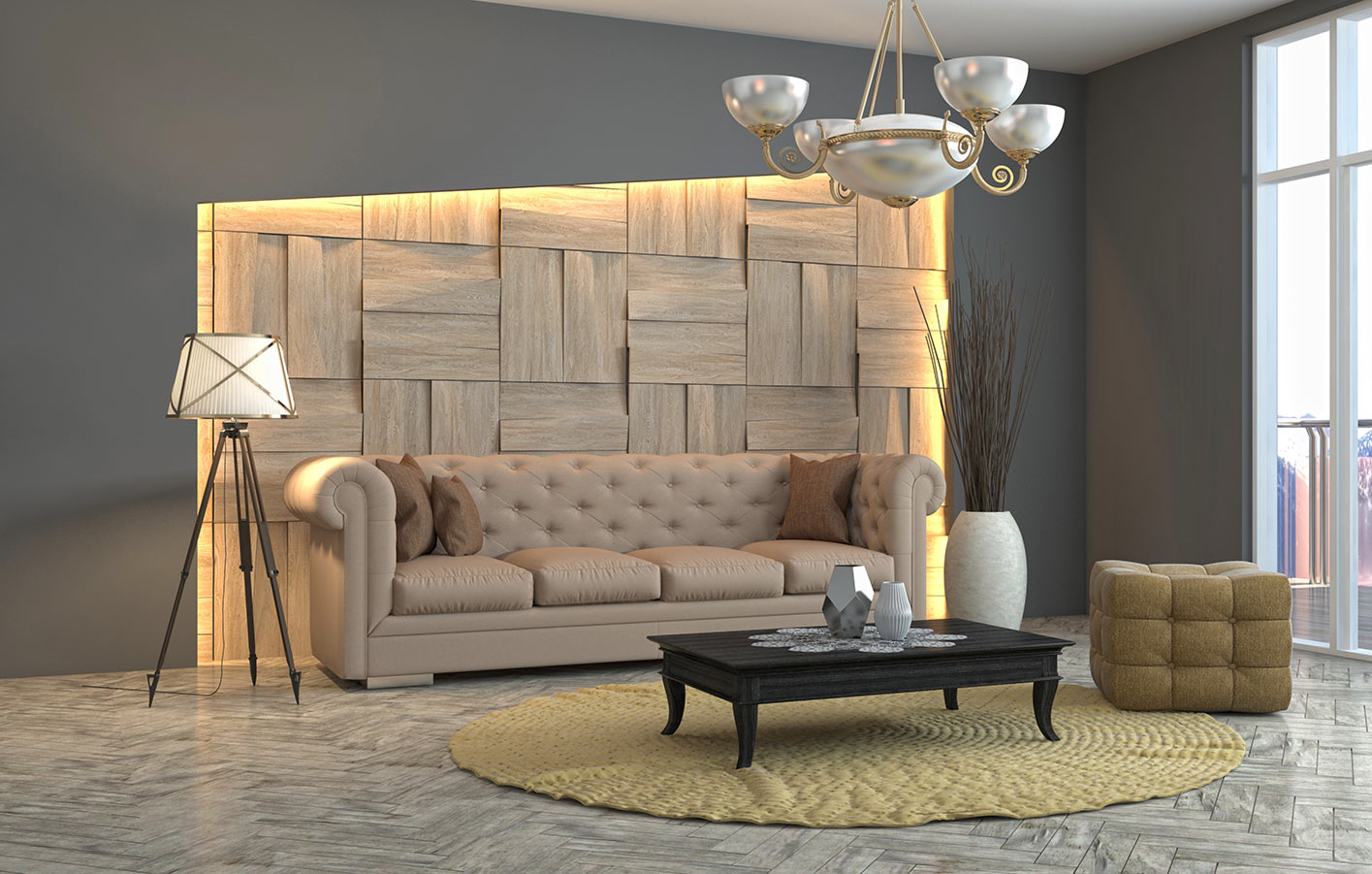 minimalistisch eingerichteter Raum mit moderner Holzwandgestaltung